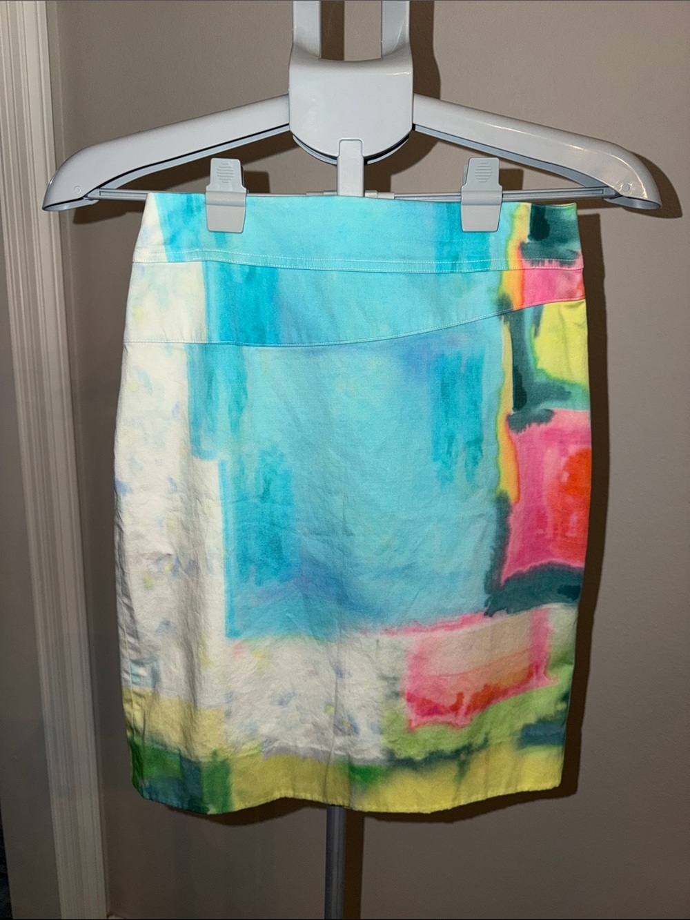 Teri Jon Watercolor Pencil Skirt in Aqua, Pink, Yellow, Green